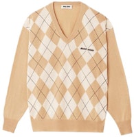(Women) MIU MIU FW23 Colorblock Diamond Knit Sweater in Camel Brown. MML826-13MN-F0040-S-232 (Women) MIU MIU FW23 Colorblock Diamond Knit Sweater in Camel Brown. MML826-13MN-F0040-S-232