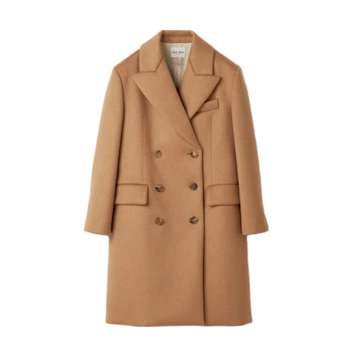 (Women) MIU MIU FW23 Double-Breasted Long Coat in Camel Brown. MS1982-13OM-F0040-S-232