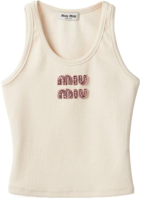 (W) MIU MIU FW23 刺绣Logo白色针织背心. MJT682-14AS-F0HAT-S-OOO Order (W) MIU MIU FW23 刺绣Logo白色针织背心. MJT682-14AS-F0HAT-S-OOO