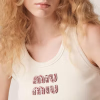 Purchase (Women) MIU MIU FW23 Embroidered Logo Knit Vest in Off-White. MJT682-14AS-F0HAT-S-OOO