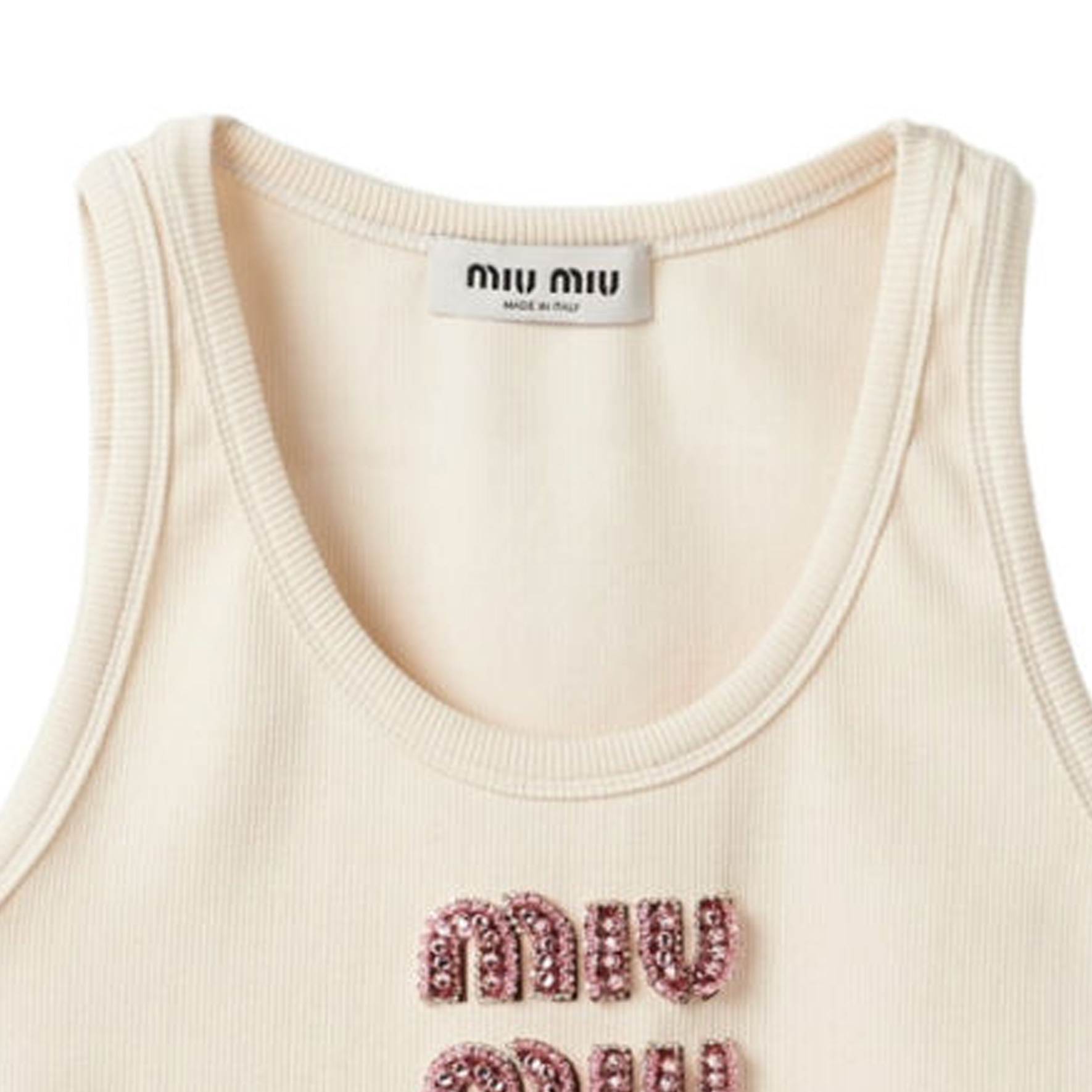 Sizing (W) MIU MIU FW23 刺绣Logo白色针织背心. MJT682-14AS-F0HAT-S-OOO