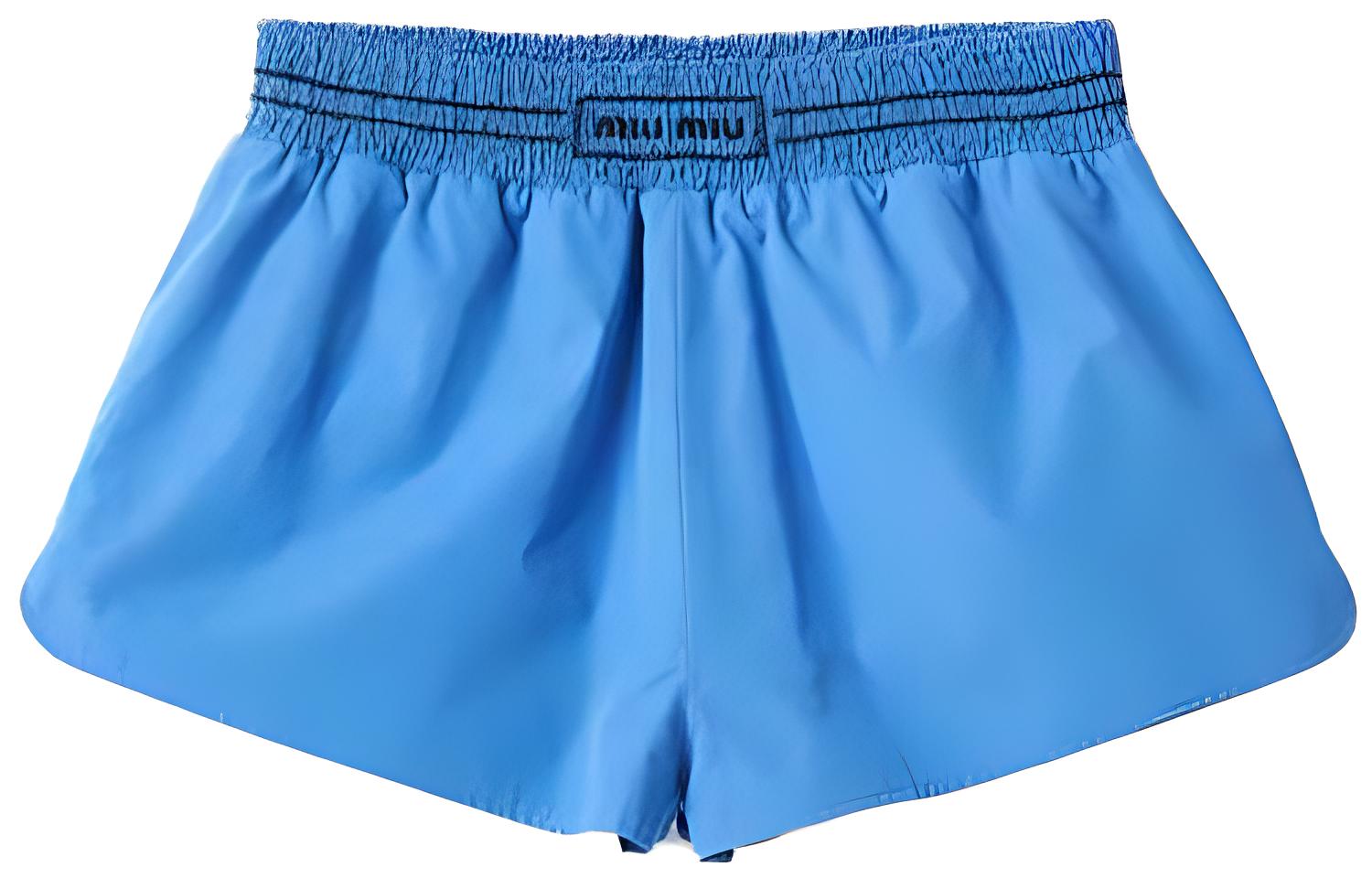 (Women) MIU MIU FW23  Embroidered Poplin Loose Fit Shorts Light Blue. MP1679-1VHQ-F0237