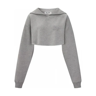 (Women) MIU MIU FW23 Grey Hoodie with Solid Color Embroidered Logo. MJL869-102J-F0031