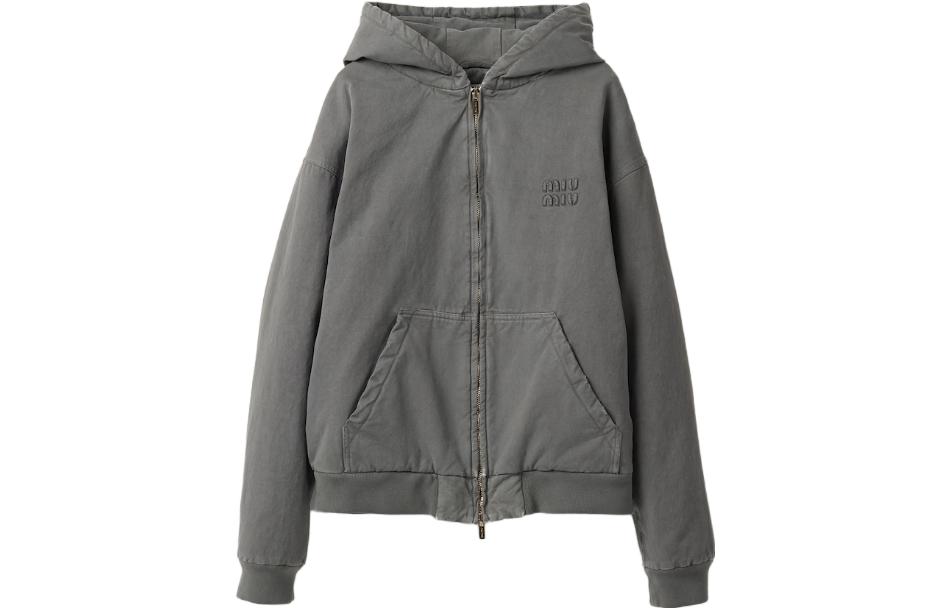 (Women) MIU MIU FW23  Grey Letter Print Hoodie Zip-Up Jacket ML1016-135Q-F0D65-S-OOO