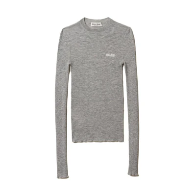 (Women) MIU MIU FW23 Grey Logo Print Slim Fit Cashmere Long Sleeve Sweater. MML821-13KV-F0031-S-232