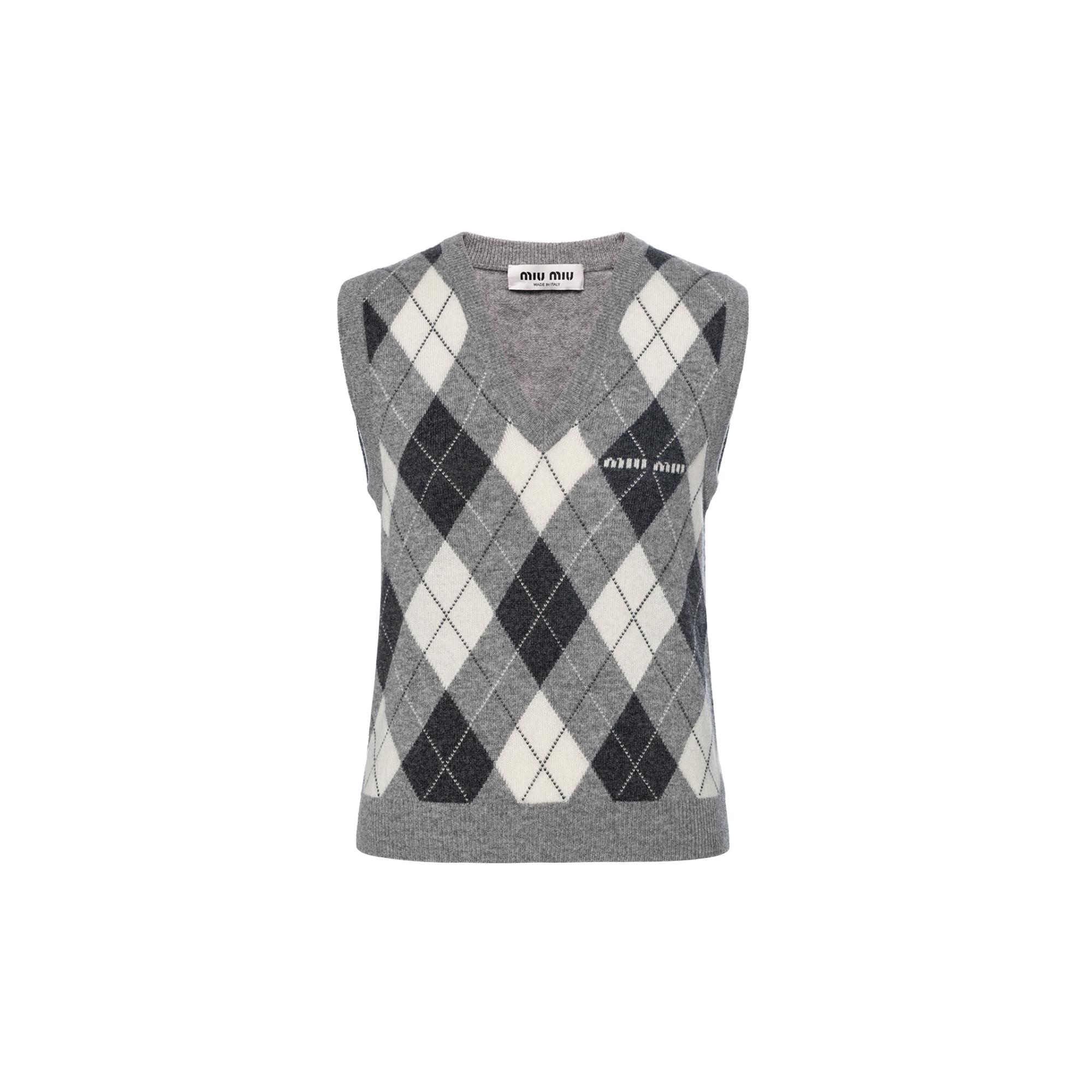 (Women) MIU MIU FW23  Grey Plaid V-Neck Knit Pullover Vest. MMV106-13K7-F0K44-S-232
