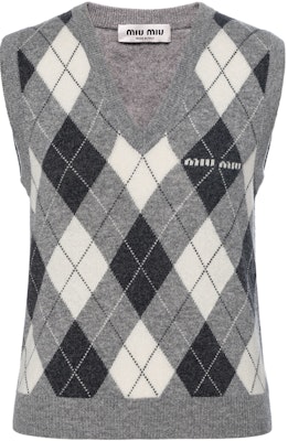 (W) MIU MIU 2023秋冬灰色格纹V领针织马甲。 MMV106-13K7-F0K44-S-232 Buy (W) MIU MIU 2023秋冬灰色格纹V领针织马甲。 MMV106-13K7-F0K44-S-232