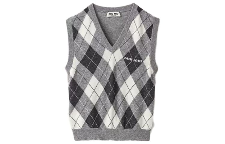 Order (W) MIU MIU 2023秋冬灰色格纹V领针织马甲。 MMV106-13K7-F0K44-S-232