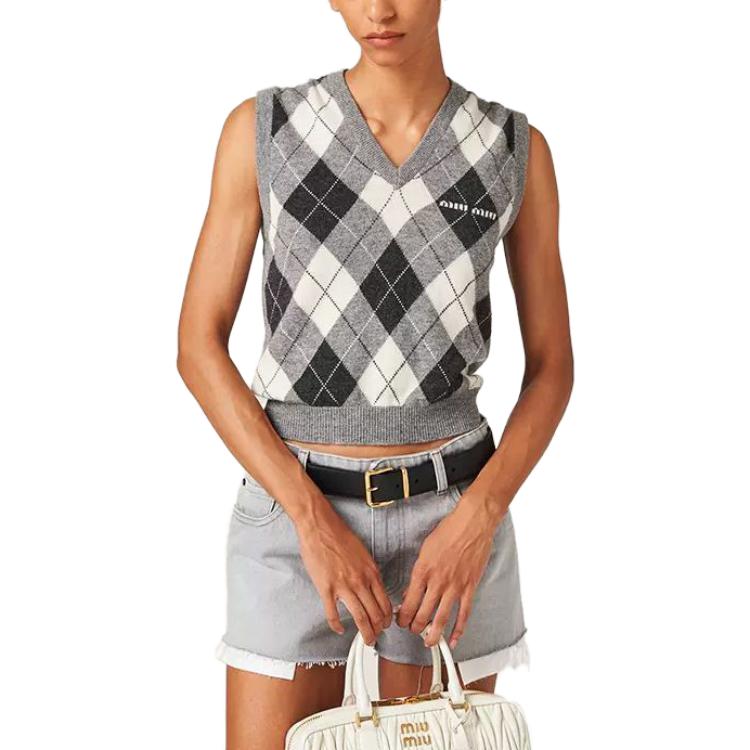 Purchase (W) MIU MIU 2023秋冬灰色格纹V领针织马甲。 MMV106-13K7-F0K44-S-232