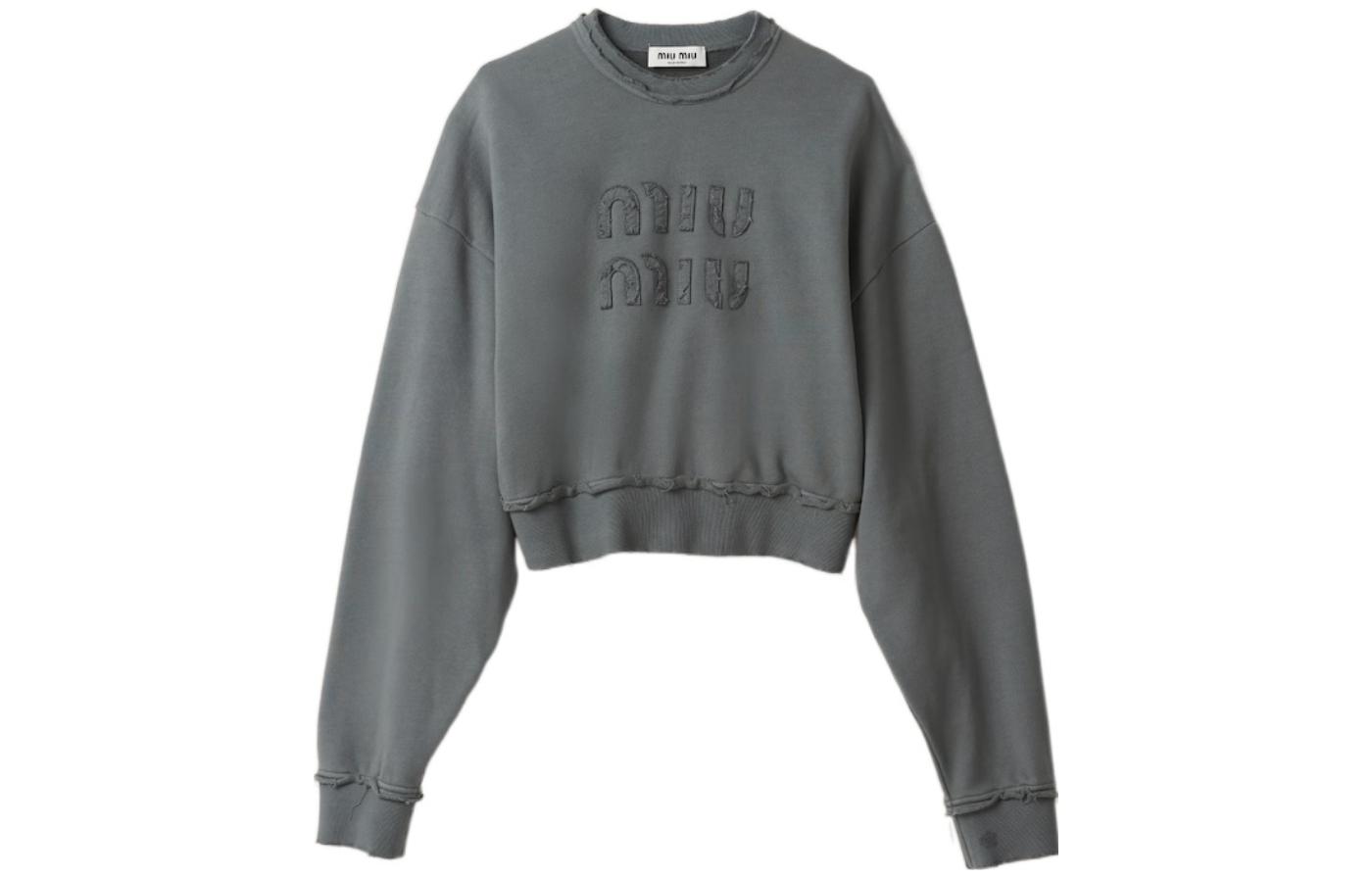(Women) MIU MIU FW23  Iron Grey Letter Crewneck Crop Casual Long Sleeve Sweatshirt MJL911-137J-F0D65-S-23