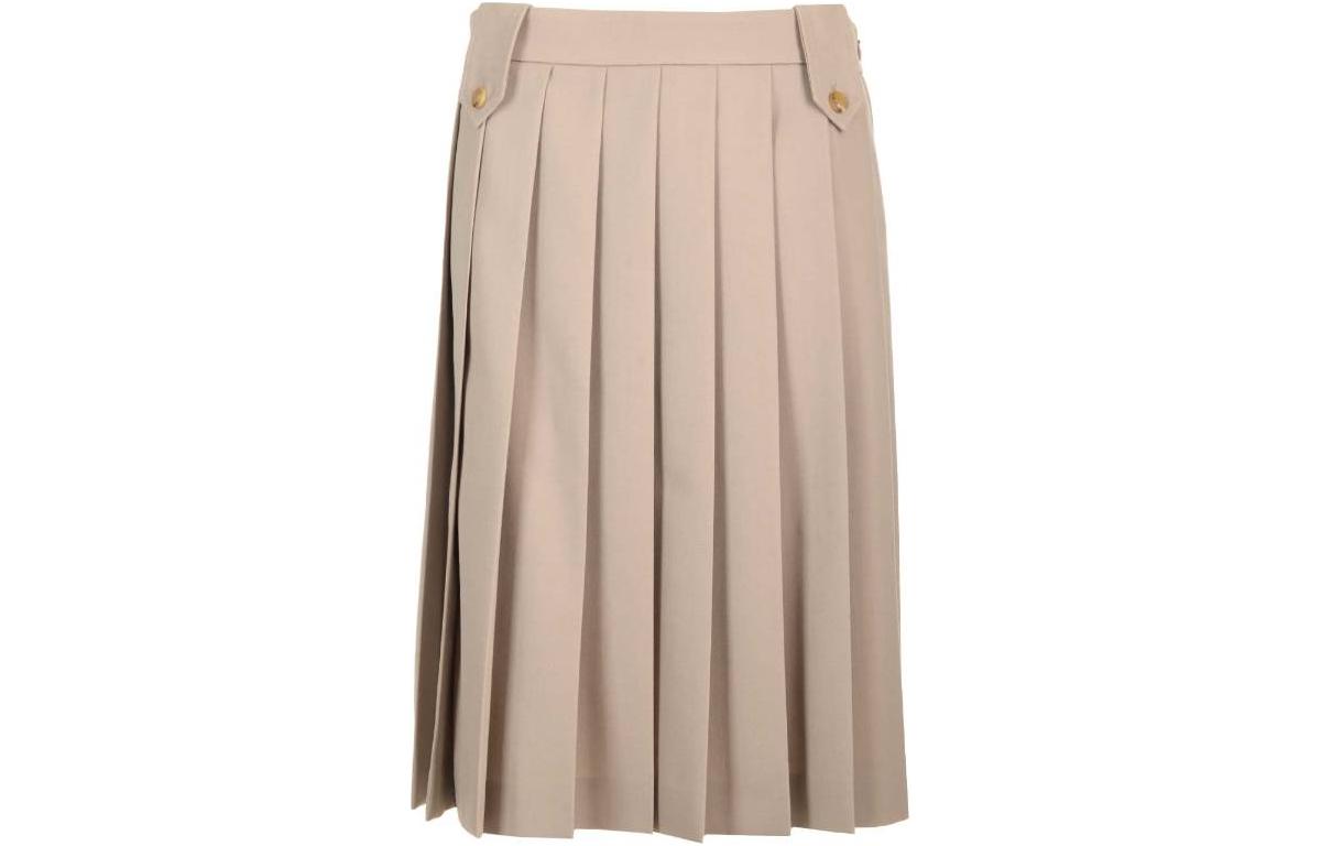 (Women) MIU MIU FW23  Khaki Pleated Mid-Length Midi Skirt with Logo Detail. MG2136-108N-F0065