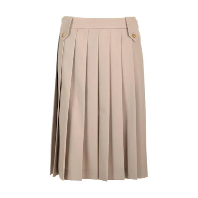 (Women) MIU MIU FW23 Khaki Pleated Mid-Length Midi Skirt with Logo Detail. MG2136-108N-F0065