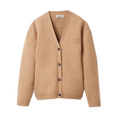 (Women) MIU MIU FW23 Khaki V-Neck Long Sleeve Knit Sweater with Logo Print. MMF791-13JS-F0629-S-232