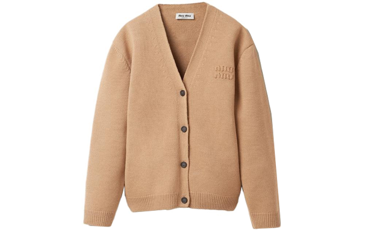 (Women) MIU MIU FW23  Khaki V-Neck Long Sleeve Knit Sweater with Logo Print. MMF791-13JS-F0629-S-232 圖 2