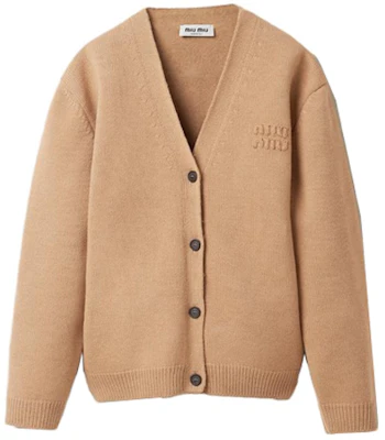 (Women) MIU MIU FW23 Khaki V-Neck Long Sleeve Knit Sweater with Logo Print. MMF791-13JS-F0629-S-232 Order (Women) MIU MIU FW23 Khaki V-Neck Long Sleeve Knit Sweater with Logo Print. MMF791-13JS-F0629-S-232