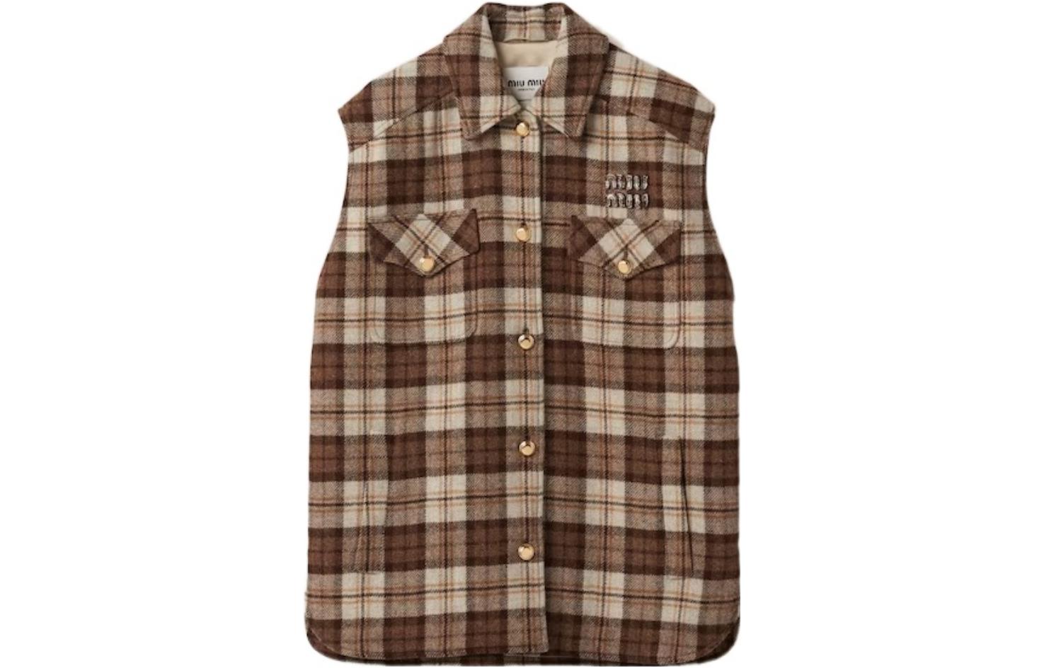 (Women) MIU MIU FW23  Multi-Color Plaid Logo Embroidered Buttoned Vest ML1022-139S-F0324-S-OOO