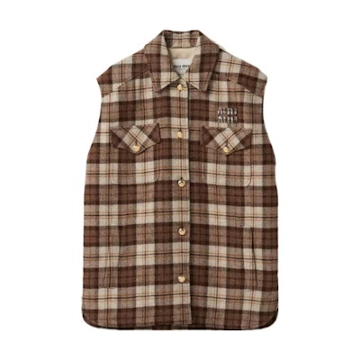 (Women) MIU MIU FW23 Multi-Color Plaid Logo Embroidered Buttoned Vest ML1022-139S-F0324-S-OOO