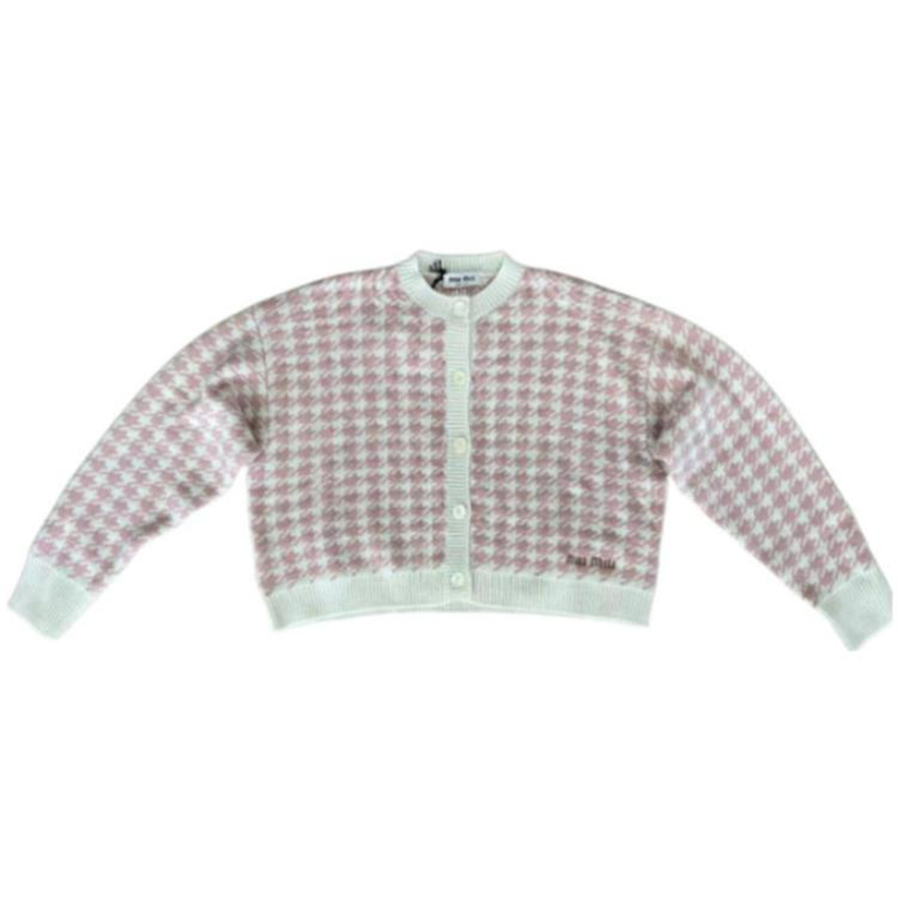 (Women) MIU MIU FW23  Pink Houndstooth Crewneck Knit Sweater. MMF651-11UX-F0E1Q
