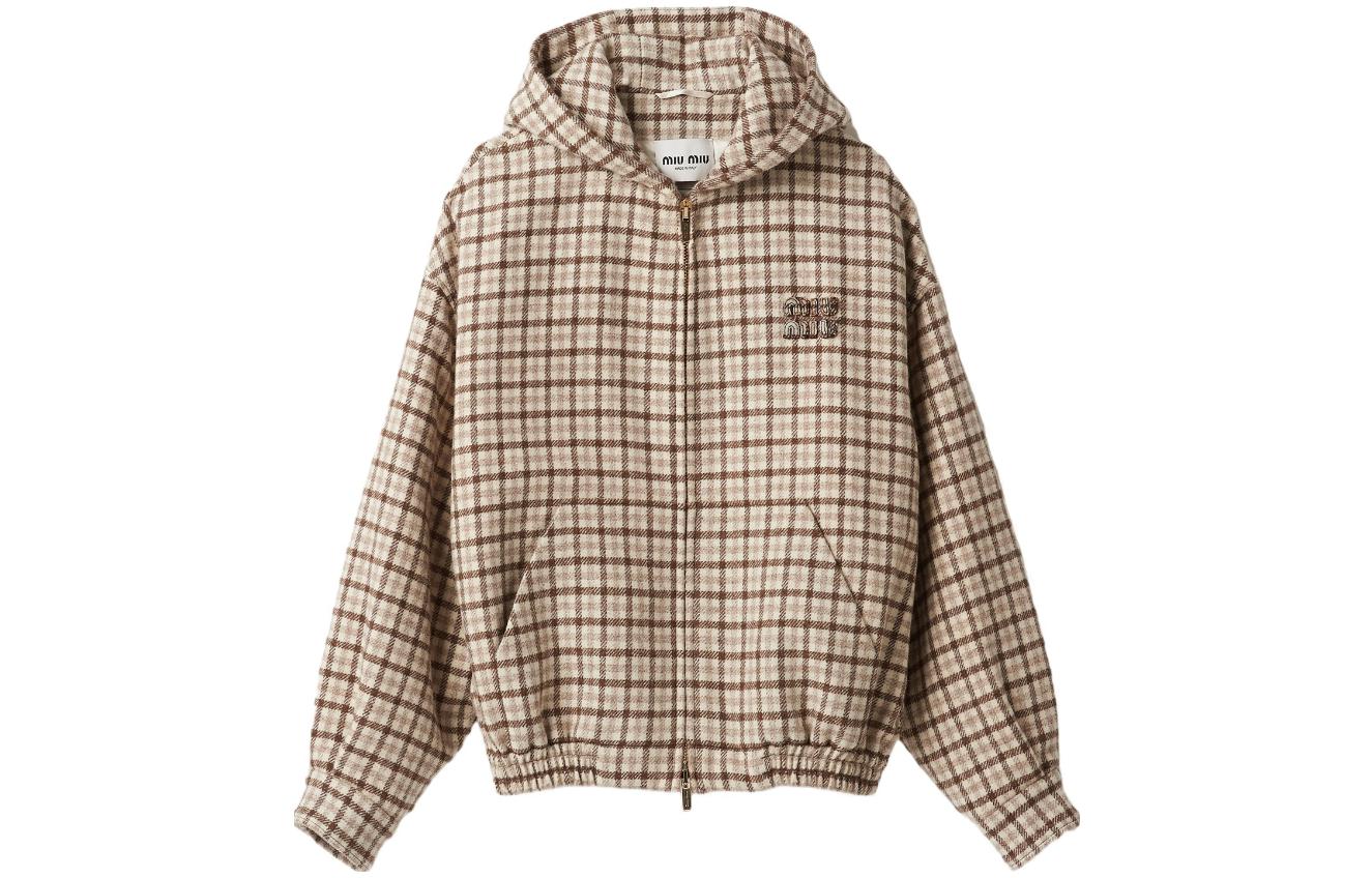 (Women) MIU MIU FW23  Plaid Logo Embroidered Jacket Cocoa Brown ML1011-139V-F0324-S-OOO