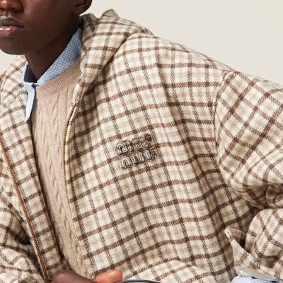 (W) MIU MIU 2023秋冬格纹刺绣标志夹克可可棕色 ML1011-139V-F0324-S-OOO Details for (W) MIU MIU 2023秋冬格纹刺绣标志夹克可可棕色 ML1011-139V-F0324-S-OOO