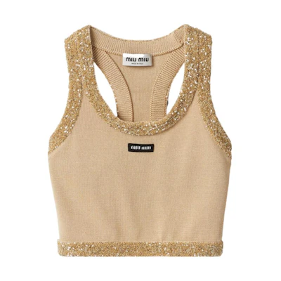 (Women) MIU MIU FW23 Sequin Detail Crop Tank Top - Cream MMV155-13Q1-F0061-S-OOO