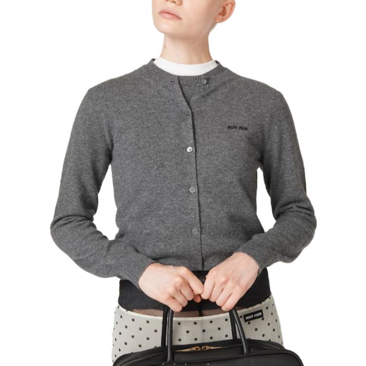 Shop (Women) MIU MIU FW23  Solid Color Logo Knit Long Sleeve Sweater Slate Gray MMF787-13S1-F0480-S-232