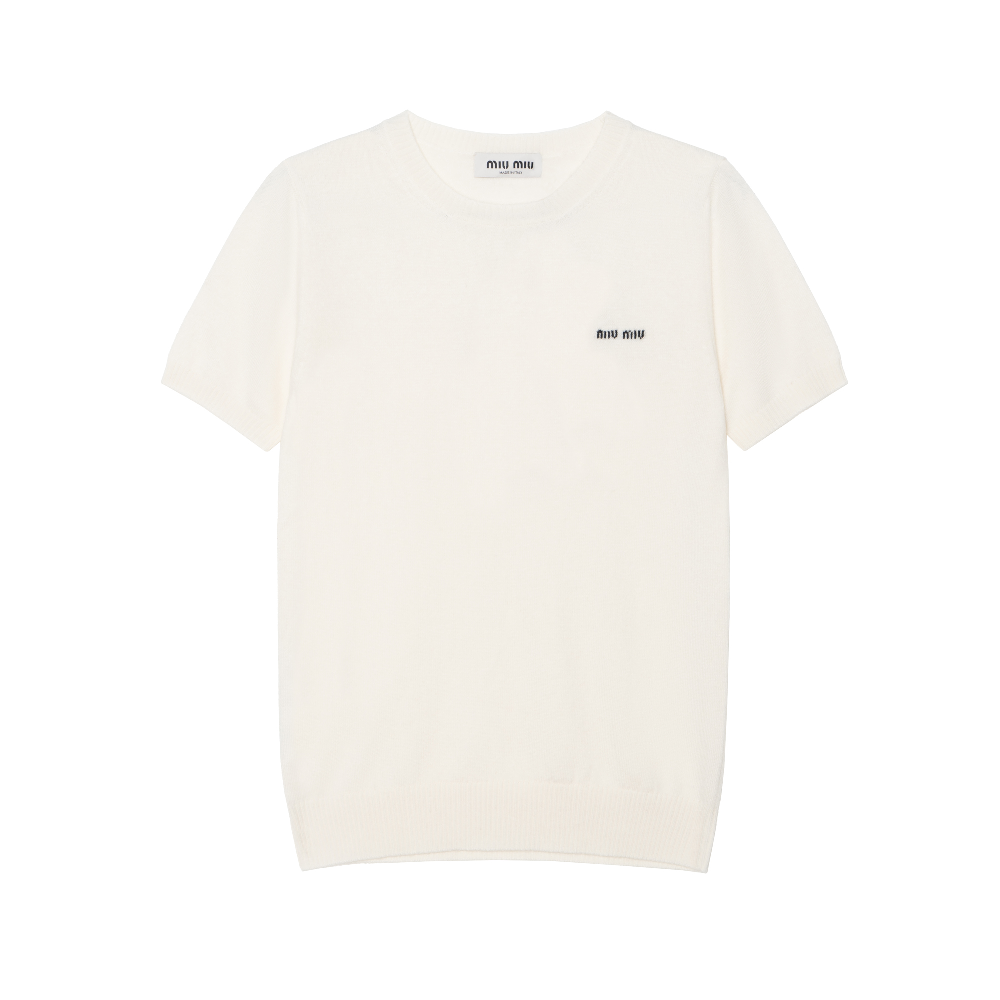 (Women) MIU MIU FW23  White Cashmere Short-Sleeve Knit Top with Logo Design MML842-13S1-F0304-S-232