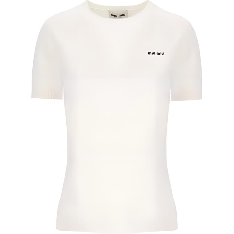 (Women) MIU MIU FW23  White Cashmere Short-Sleeve Knit Top with Logo Design MML842-13S1-F0304-S-232 圖 2