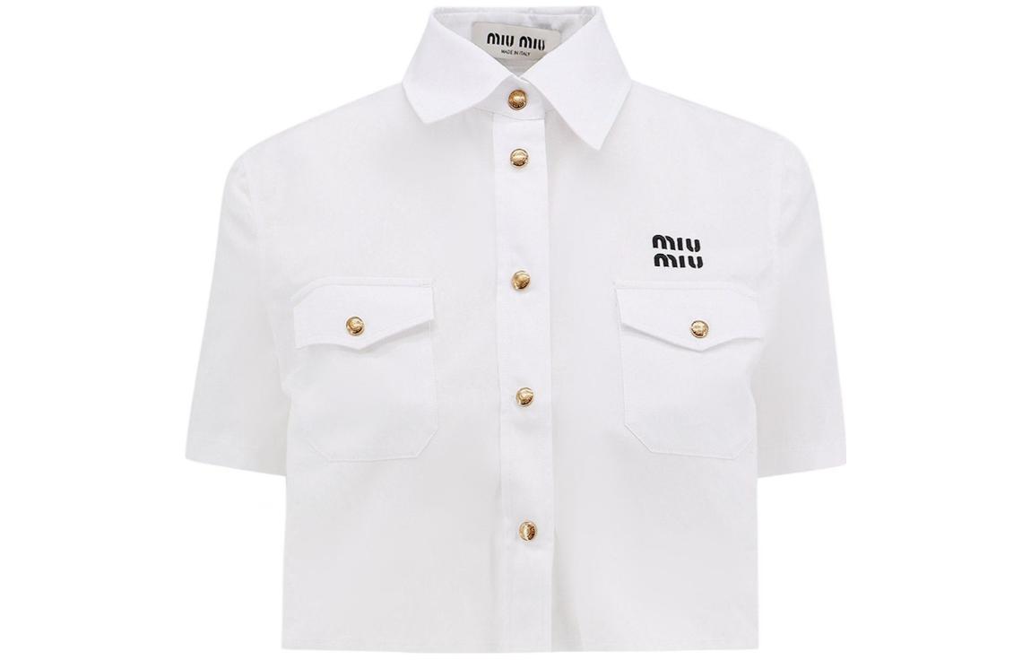 (Women) MIU MIU FW23  White Cropped Short Sleeve Shirt with Logo Print. MK1829-10RG-F0009-S-OOO