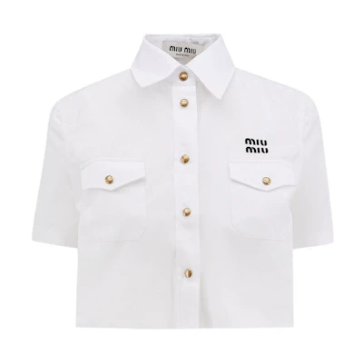 (Women) MIU MIU FW23 White Cropped Short Sleeve Shirt with Logo Print. MK1829-10RG-F0009-S-OOO