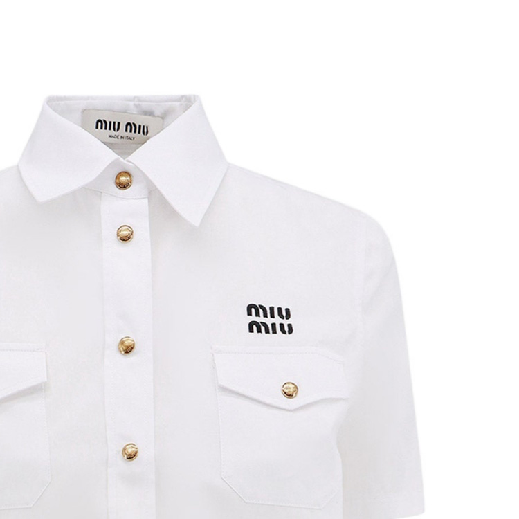 Details for (W) MIU MIU FW23 Baju Pendek Putih Lengan Pendek dengan Cetakan Logo. MK1829-10RG-F0009-S-OOO