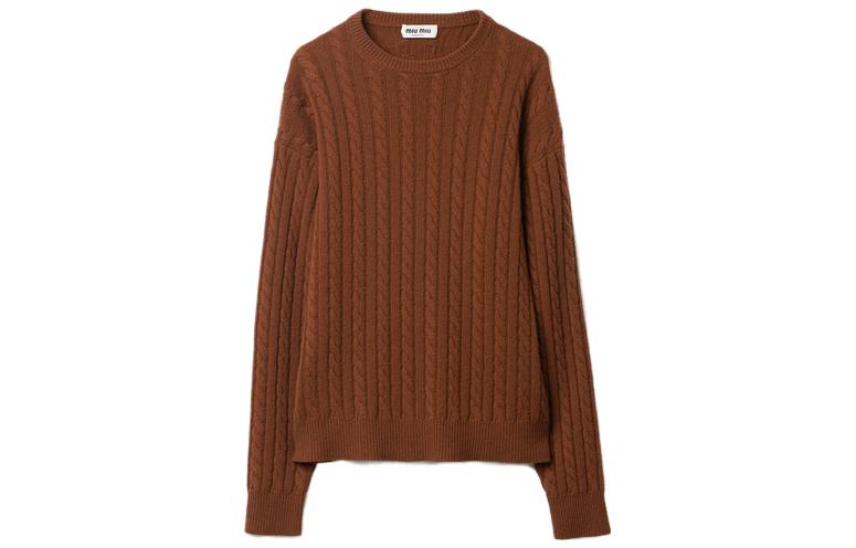 (Women) MIU MIU FW23 Cable Knit Crewneck Sweater Brown . MML818-13KX-F0005-S-232