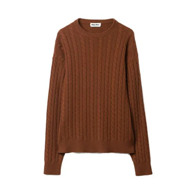 (Women) MIU MIU FW23 Cable Knit Crewneck Sweater Brown . MML818-13KX-F0005-S-232