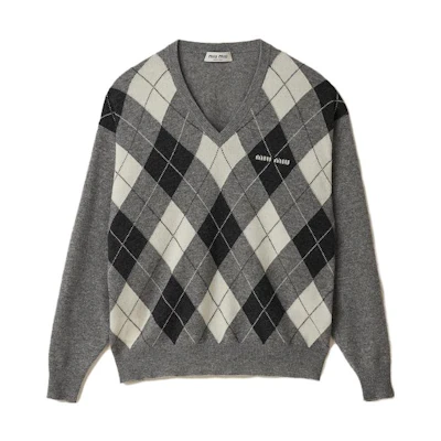 (Women) MIU MIU FW23 Diamond V-Neck Casual Sweater Marble Gray MML826-13K6-F0K44-S-232