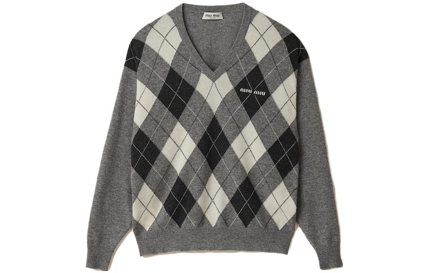 (Women) MIU MIU FW23 Diamond V-Neck Casual Sweater  Marble Gray MML826-13K6-F0K44-S-232 圖 2