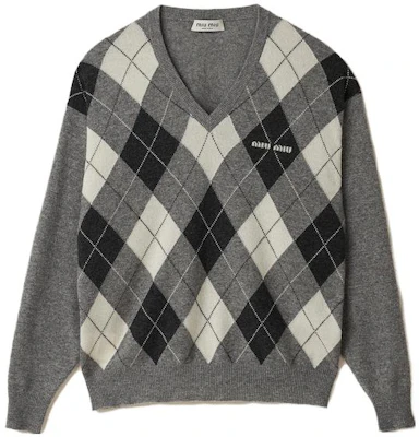 (Women) MIU MIU FW23 Diamond V-Neck Casual Sweater Marble Gray MML826-13K6-F0K44-S-232 Order (Women) MIU MIU FW23 Diamond V-Neck Casual Sweater Marble Gray MML826-13K6-F0K44-S-232