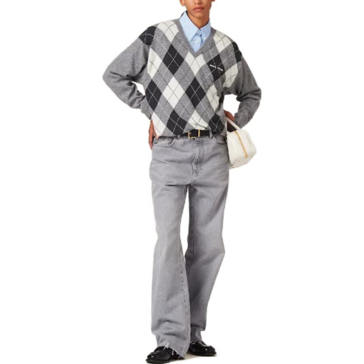 (Women) MIU MIU FW23 Diamond V-Neck Casual Sweater  Marble Gray MML826-13K6-F0K44-S-232 圖 3