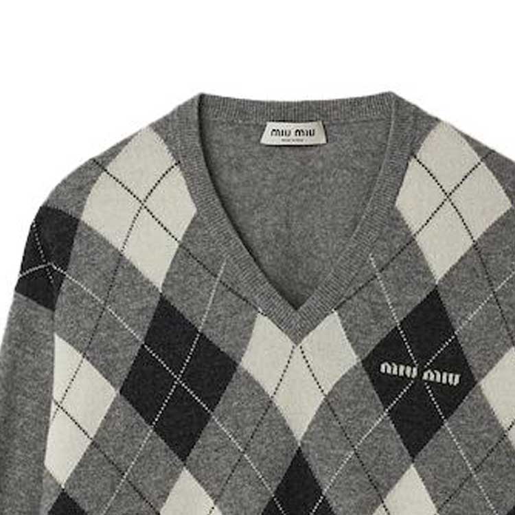 (Women) MIU MIU FW23 Diamond V-Neck Casual Sweater  Marble Gray MML826-13K6-F0K44-S-232 圖 5