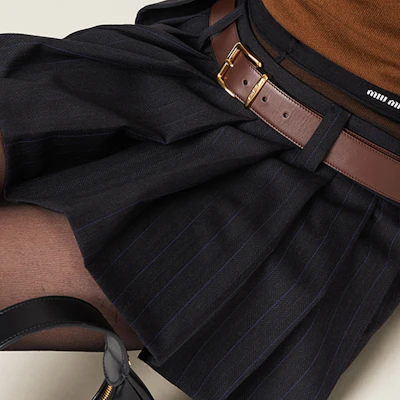 (Women) MIU MIU FW23 Embroidered Logo Pleated Striped Casual Skirt Women. MG1875-13SH-F0002 Details for (Women) MIU MIU FW23 Embroidered Logo Pleated Striped Casual Skirt Women. MG1875-13SH-F0002