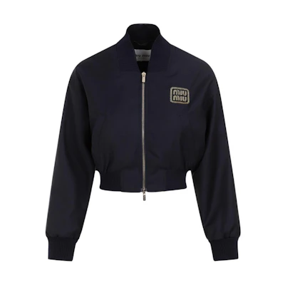 (Women) MIU MIU FW23 Navy Blue Embroidered Cropped Bomber Jacket for Women. ML936-11AD-F0008-S-232