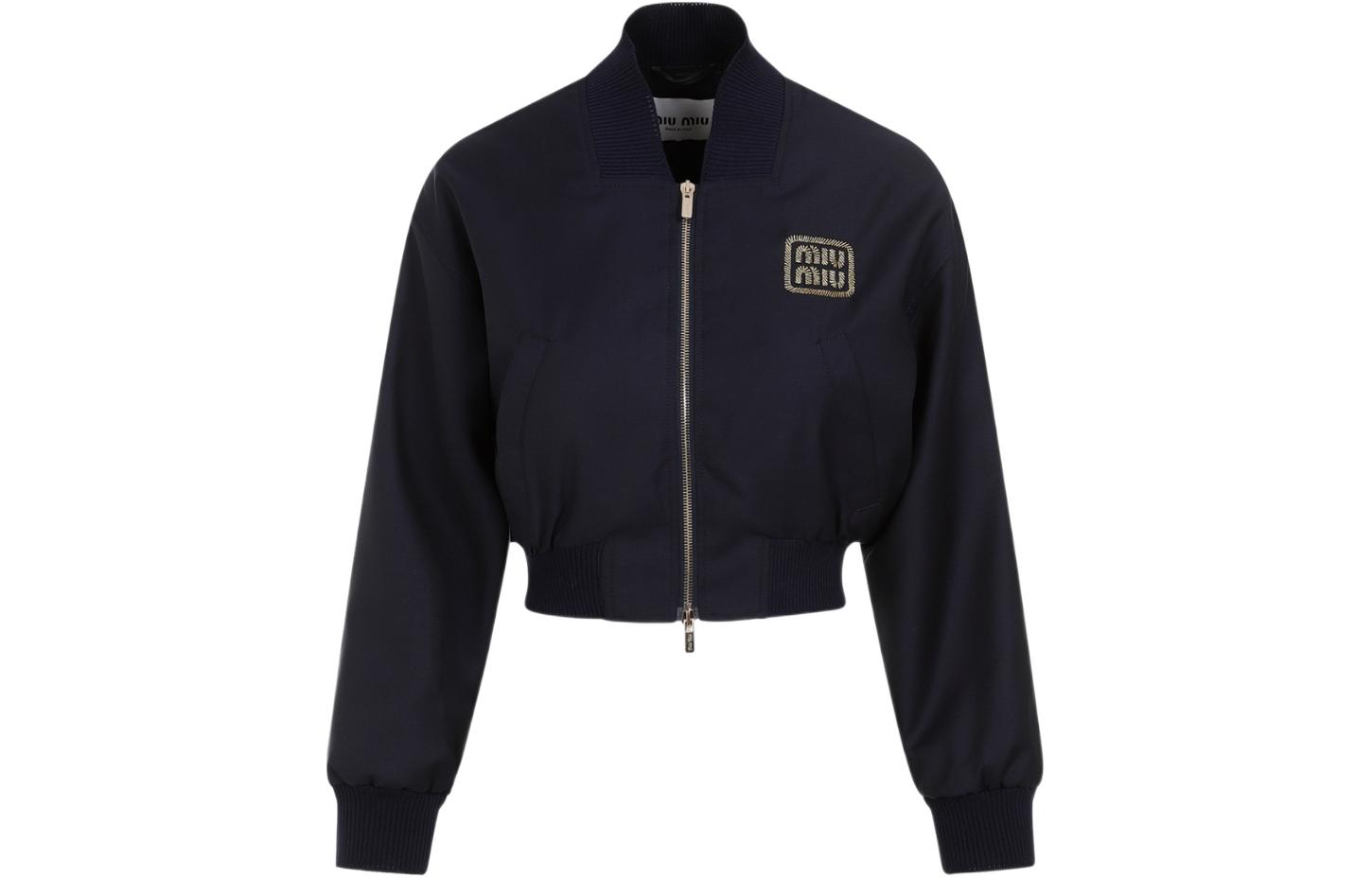 Order (Women) MIU MIU FW23 Navy Blue Embroidered Cropped Bomber Jacket for Women. ML936-11AD-F0008-S-232