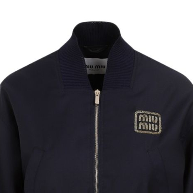 Purchase (Women) MIU MIU FW23 Navy Blue Embroidered Cropped Bomber Jacket for Women. ML936-11AD-F0008-S-232
