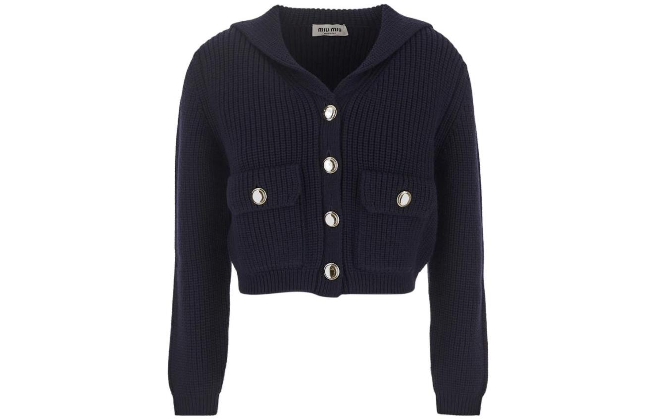 (Women) MIU MIU FW23 Navy Blue Ribbed Knit Cardigan Long Sleeve  Casual Top. MMF768-13IV-F0008