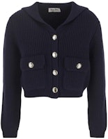 (Women) MIU MIU FW23 Navy Blue Ribbed Knit Cardigan Long Sleeve Casual Top. MMF768-13IV-F0008 (Women) MIU MIU FW23 Navy Blue Ribbed Knit Cardigan Long Sleeve Casual Top. MMF768-13IV-F0008