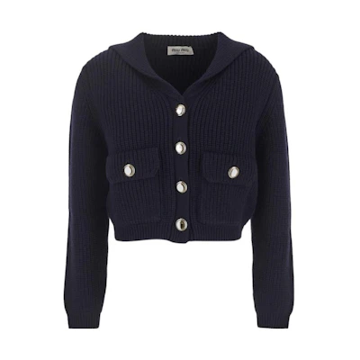 (Women) MIU MIU FW23 Navy Blue Ribbed Knit Cardigan Long Sleeve Casual Top. MMF768-13IV-F0008