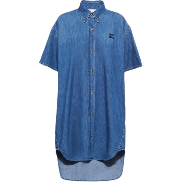(Women) MIU MIU FW23 Solid Color Logo Short Sleeve Dress  - Gemstone Blue GWA201-1294-F0013-S-232