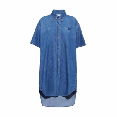 (Women) MIU MIU FW23 Solid Color Logo Short Sleeve Dress - Gemstone Blue GWA201-1294-F0013-S-232