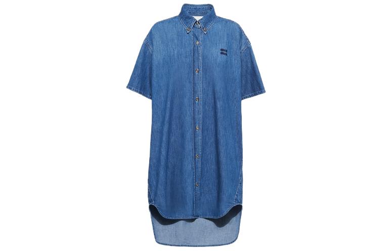 Order (W) MIU MIU FW23 Gaun Lengan Pendek Logo Warna Solid - Biru Permata GWA201-1294-F0013-S-232