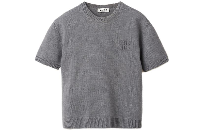 (Women) MIU MIU FW23 Solid Ribbed Knit Logo Embroidered Short Sleeve Top Women. MML839-13JS-F0031-S-232