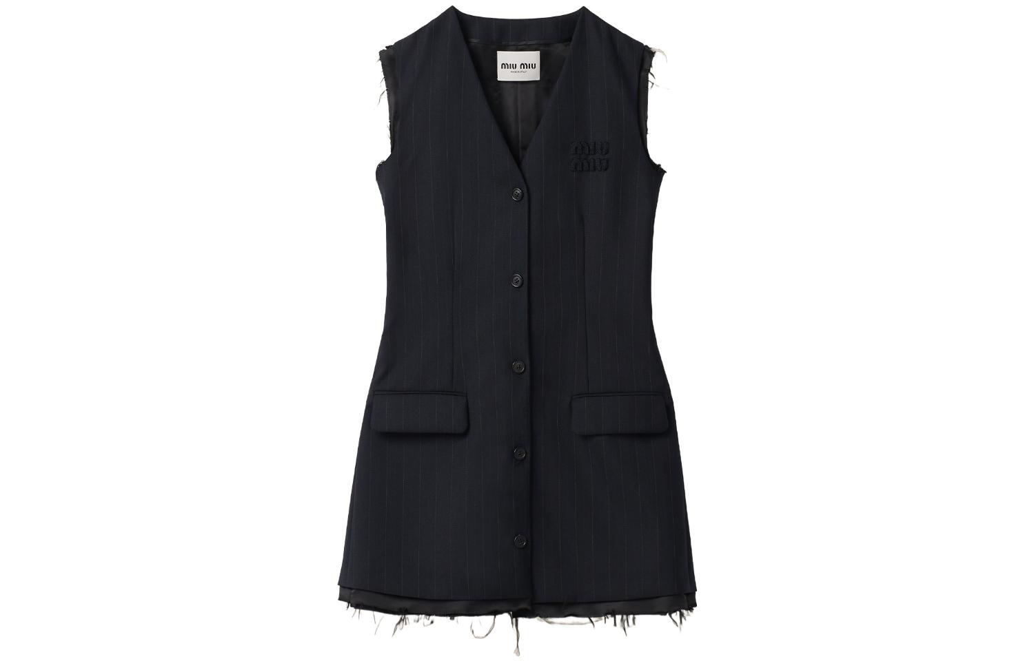 (Women) MIU MIU FW23 Striped Logo Sleeveless Short Dress Navy Blue for Women. MF5225-13SH-F0008-S-OOO